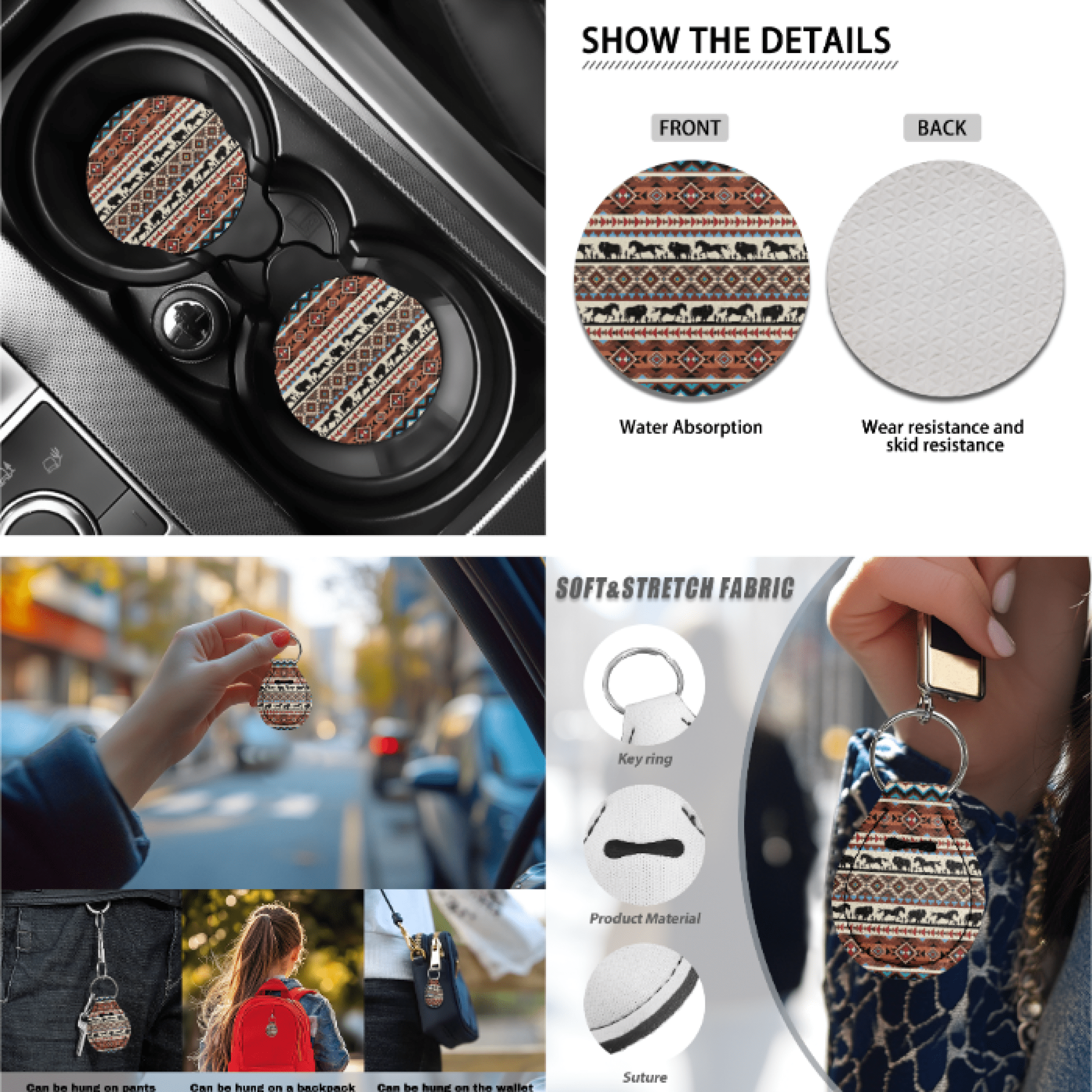 Binienty Car Accessories, with Steering Wheel Cover Keychain Key Chain Cup Holders Car Accessories Set, Bison Full Set Includes Seat Belt Cover Car Seat Cover Set