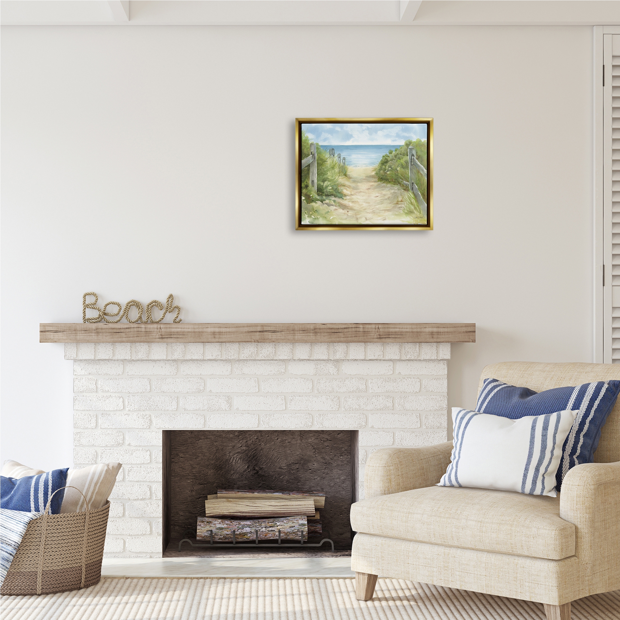 Stupell Industries Beach Path Painting Nature Painting Gold Floater Framed Art Print Wall Art, 21 x 17