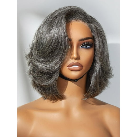 LUVME 8" Hair Salt & Pepper Layered Bob Glueless Lace Wig Gray for Women Short Grey Bob Wigs Pre Plucked