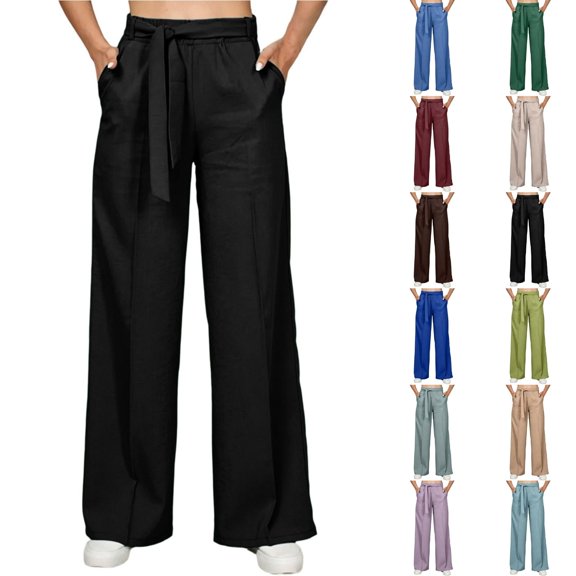 Qingpeng Womens Plus Size Wide Leg Pants High Waisted Elastic Palazzo Casual Pants Beach Trousers with Pockets