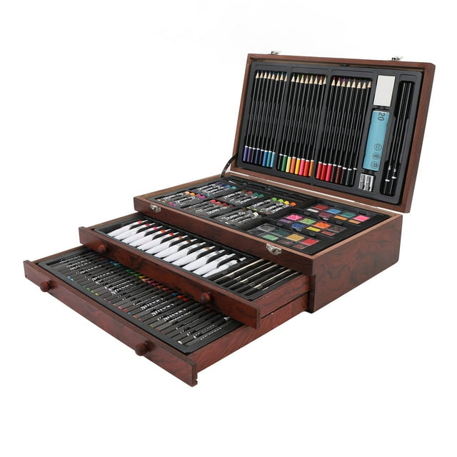 Ensemble d'Art en Bois, Kit de Peinture et Dessin Robuste, Boîte de Rangement Pliable 142 Pcs pour l'École
