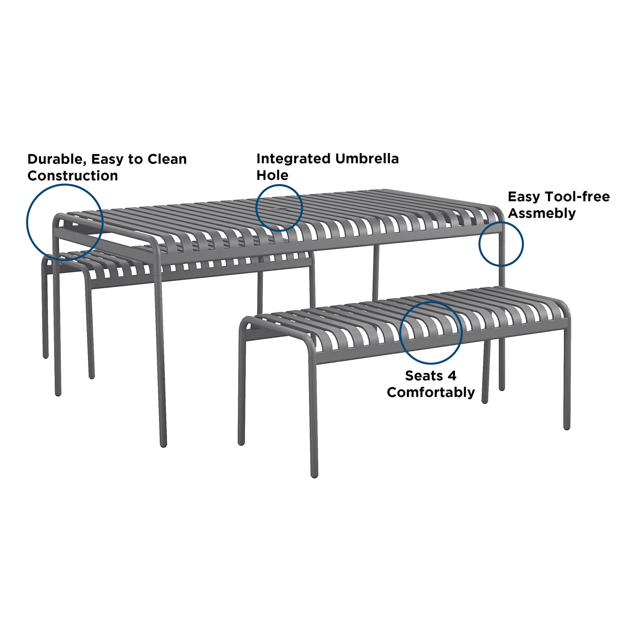 Novogratz Poolside Gossip, Ola All-Steel Table and Bench Set, Charcoal