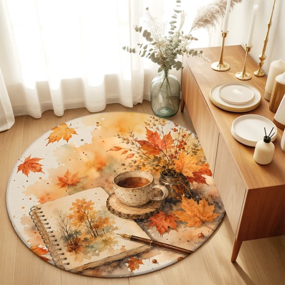 Round Rugs 4Ft, Fall Thanksgiving Round Area Rug Washable Indoor Throw Carpet, Orange Maple Leaves Book Coffee Cup Soft Non Slip Circle Rug for Kitchen Nursery Room Home Decor Aesthetic