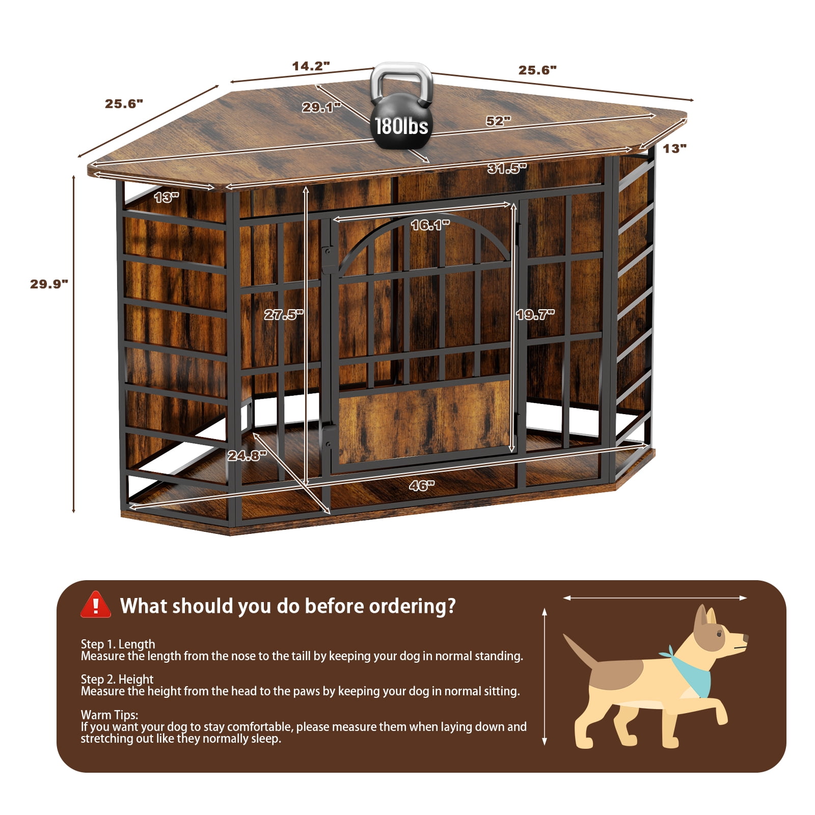Fowroa 52 Inch Wooden Corner Dog Crate Furniture, Indoor Decorative Dog Kennel for Medium & Large Dogs, Brown