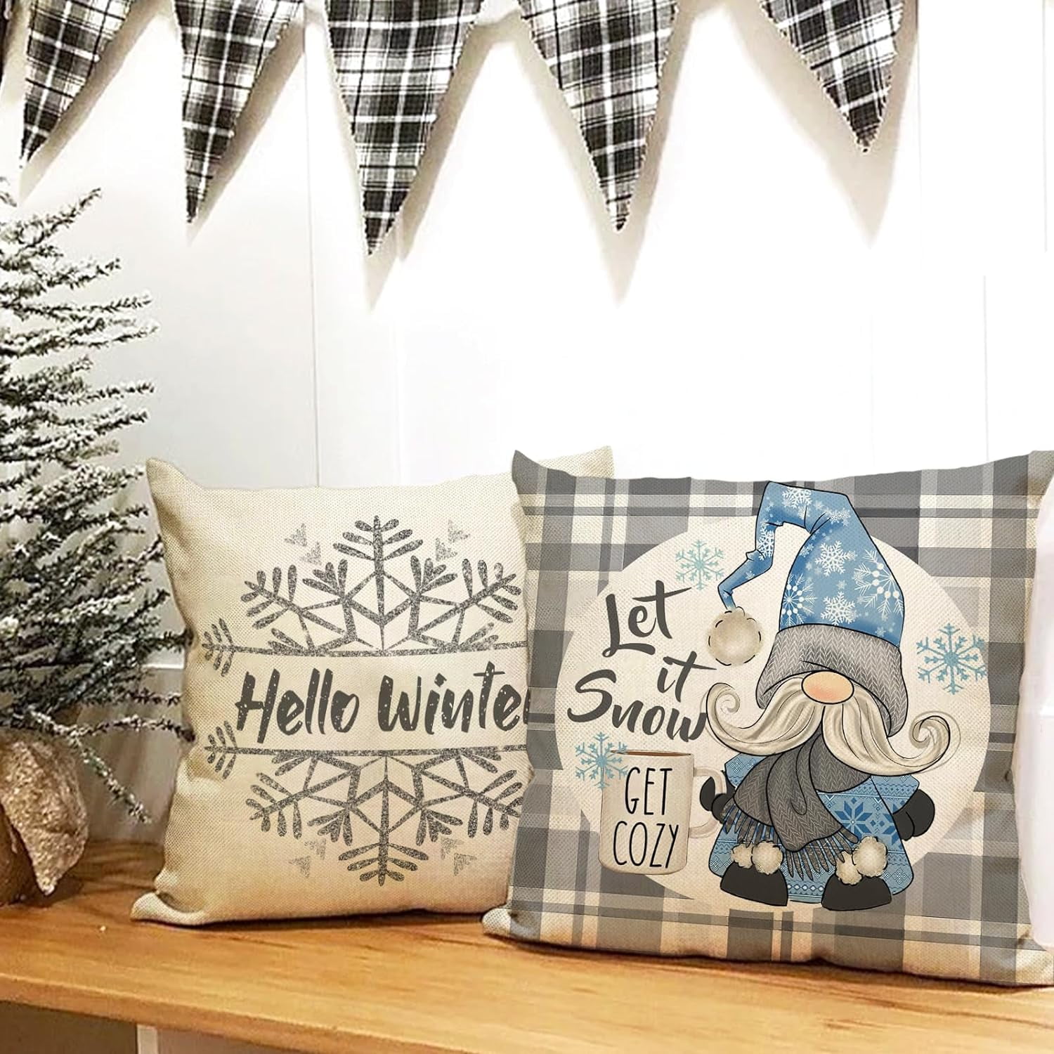 Hello Winter Gnome Grey Decorative Throw Pillow Covers 18 x 18 Set of 4, Warm Winter Wishes Snowflake Plaid Farmhouse Cushion Case Decor, Baby It''s Cold Outside Let It Snow Home Decoration