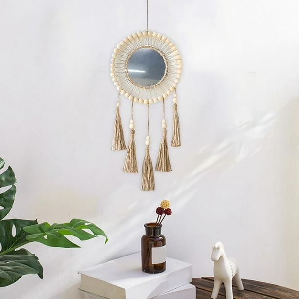 Espejo de pared colgante bohemio, de madera decorativas de macramé, espejo redondo bohemio para dormitorio de bebé, decoración de apartamento, 55cm Borla Marrón Baoblaze Espejo de pared de macramé