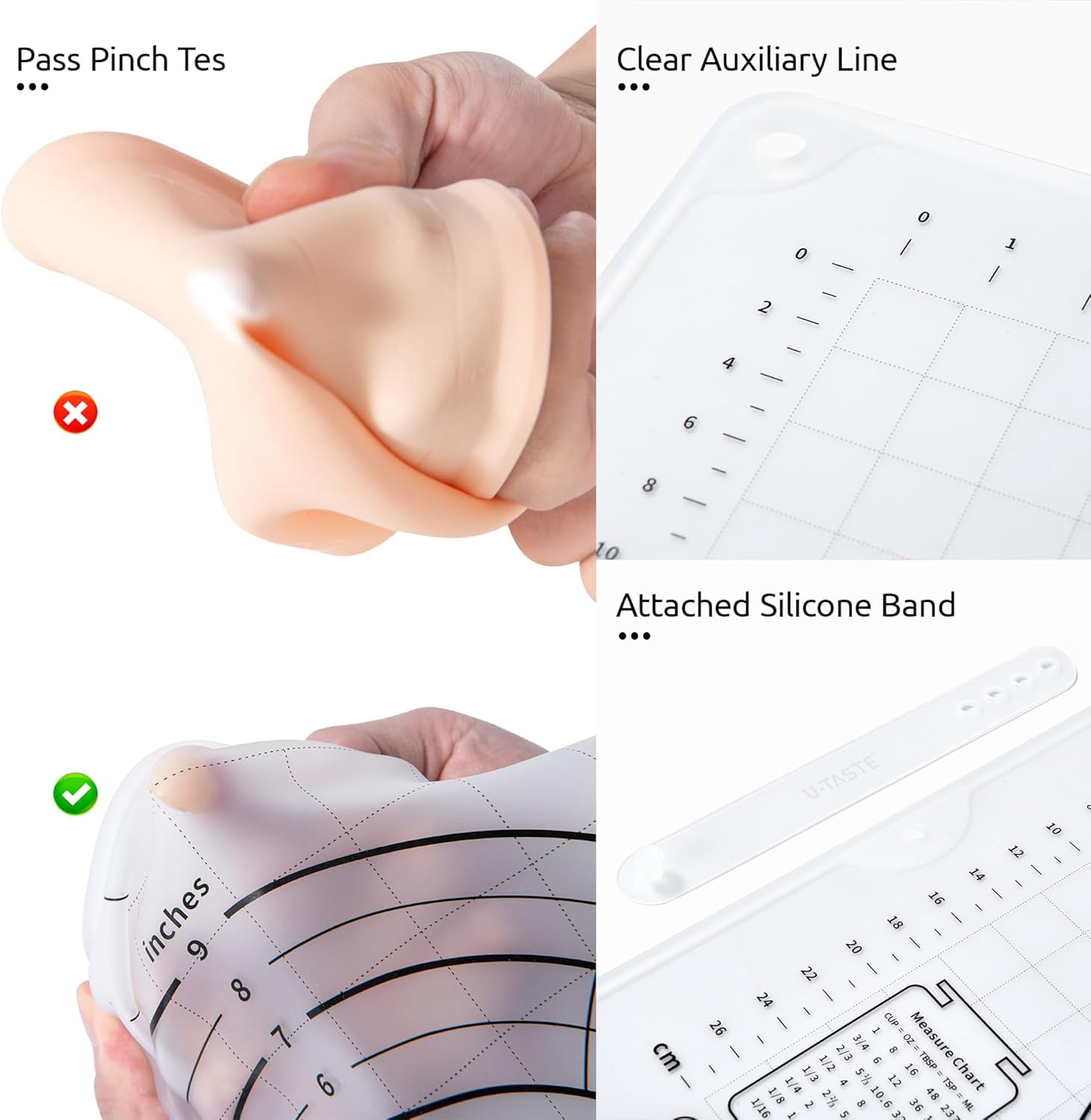U-Taste Large Silicone Pastry Mat: 20inx16in Food-Grade Non-Stick Dough Rolling Baking Sheet, Non Slip for Kneading Prep Pizza, Fondant, Pie Crust with Clear Measurement and Raised Edges (Clear)