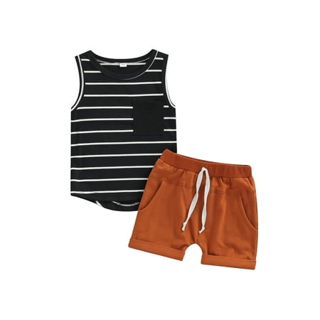 

Sunisery 2Pcs Infant Baby Boys Summer Outfit Sets Sleeveless O Neck Striped Vest + Solid Color Drawstring Shorts Black 0-6 Months