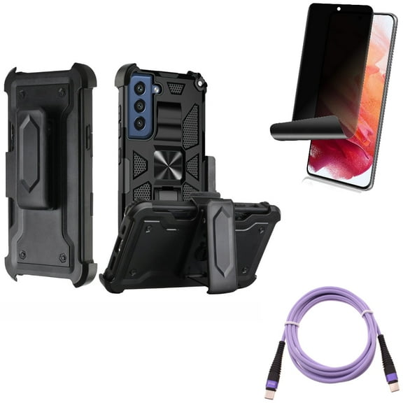 Case Belt Clip & Purple 6ft PD Cable & Privacy Screen Protector for Samsung Galaxy S22 (6.1") - Holster Swivel & Type-C to USB-C Long Charger Cord & TPU Film Fingerprint Works Accessory Bundle