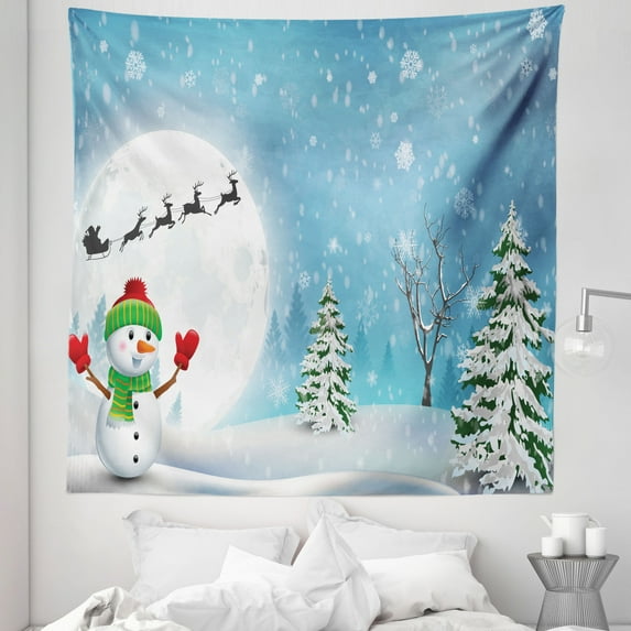 Christmas Tapestry, Jolly Snowman Under Full Moon Waving to Santa Claus with Reindeer Sleigh, Fabric Wall Hanging Decor for Bedroom Living Room Dorm, 5 Sizes, White Blue, by Ambesonne