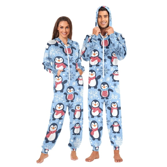 Adult Christmas Onesie Christmas Penguin Zipper One-Piece Pajamas Unisex with Pockets