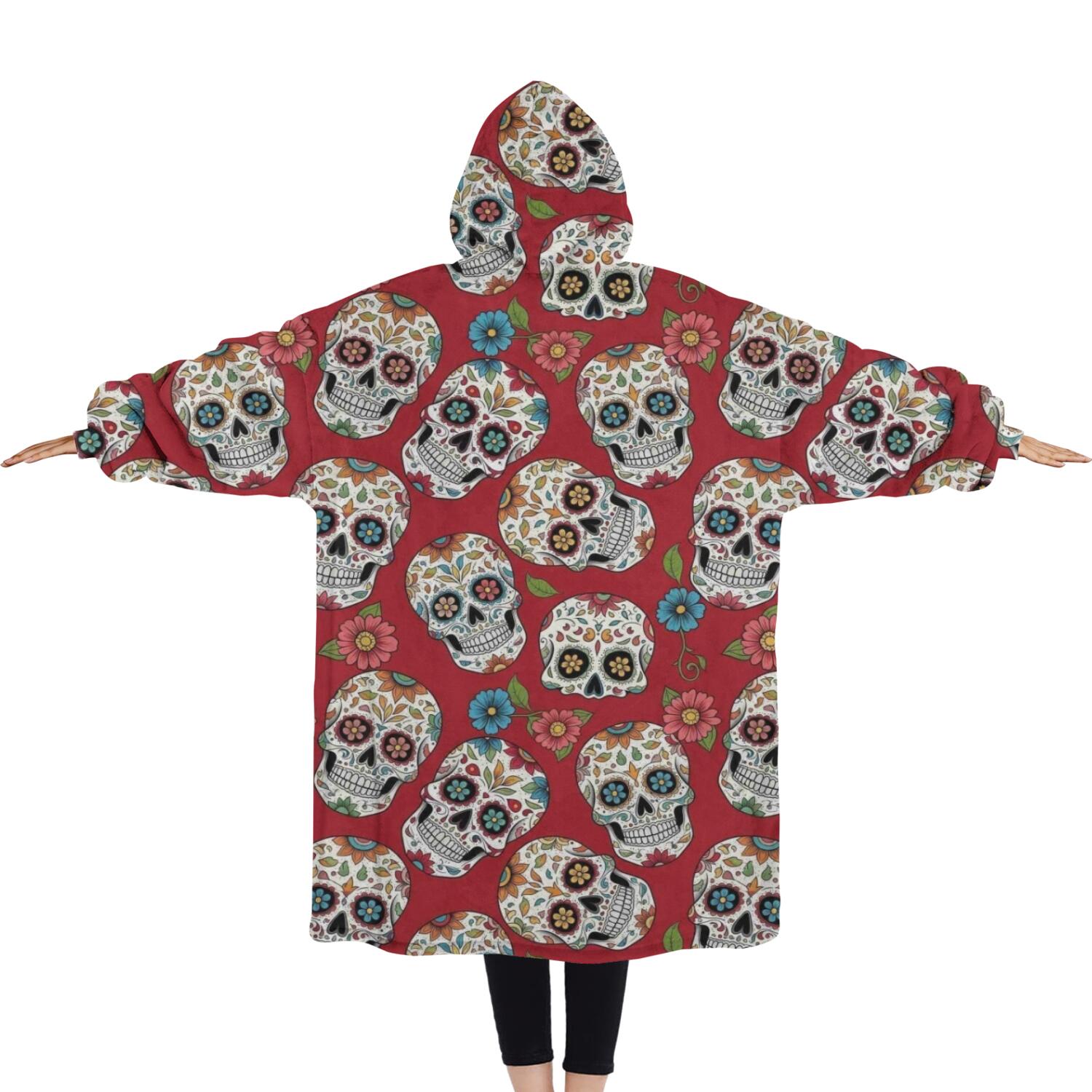 Oversized Wearable Blanket Hoodie,Red Flower Skull Pattern Sherpa Blanket Hoodie with Super Pockets,Super Warm Fuzzy Pullover for Women & Men