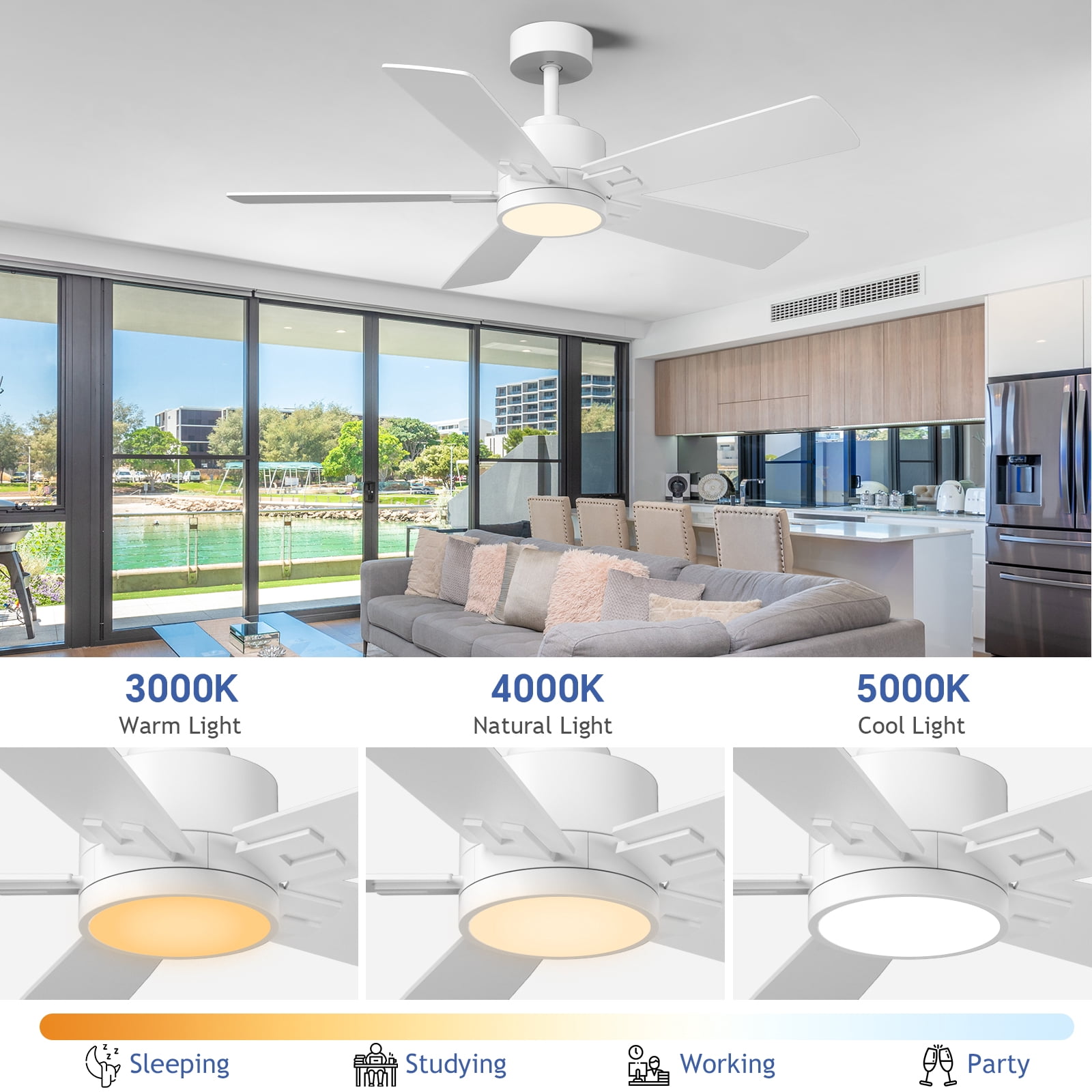 52 inch Ceiling Fans with Lights, 10 Double-sided Blades, Indoor Outdoor Smart Ceiling Fan with Alexa/App/Remote Control, 6 Speed Quiet Reversible DC Motor, 3CCT Dimmable