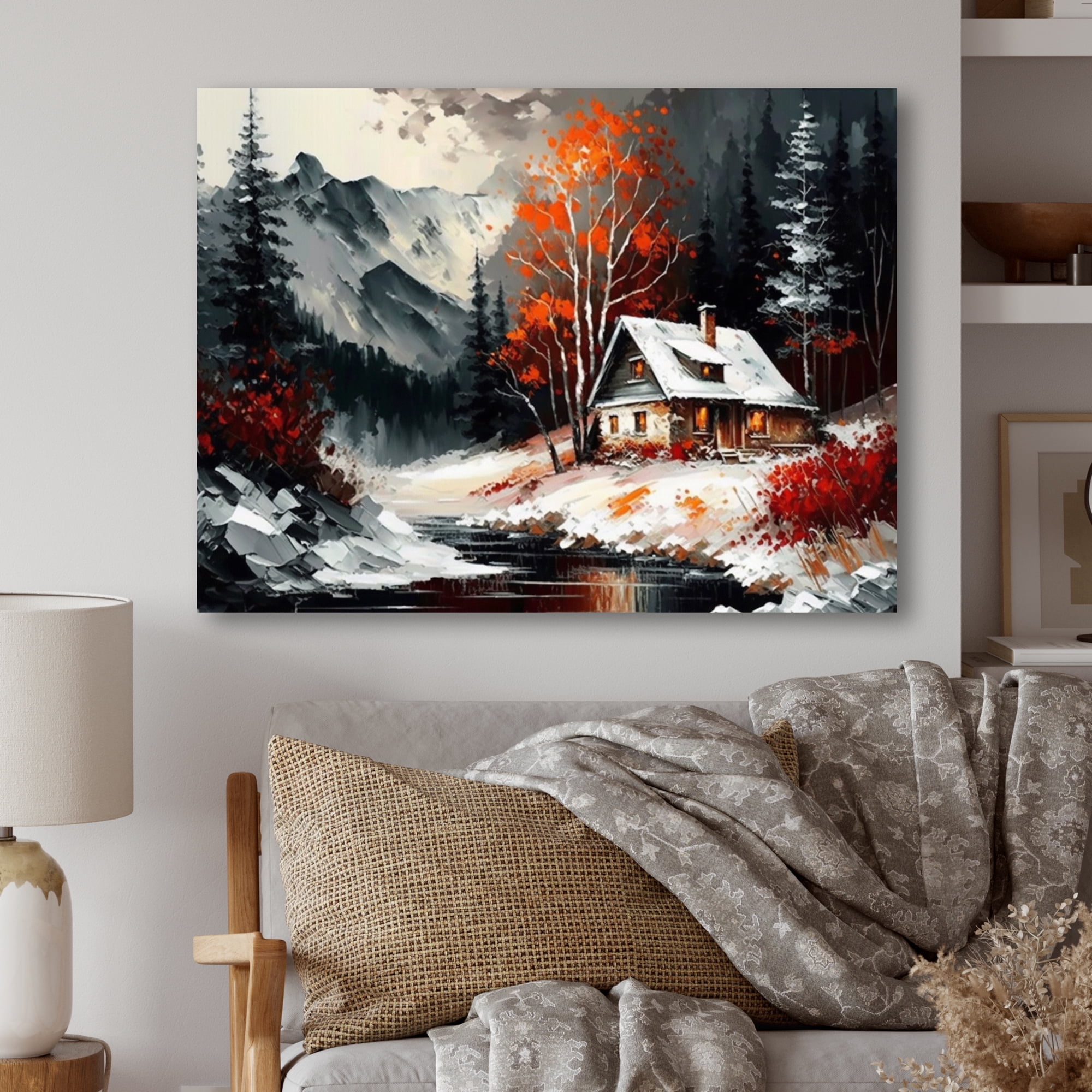 Designart Monochrome Orange Cottage In Winter V Canvas Wall Art