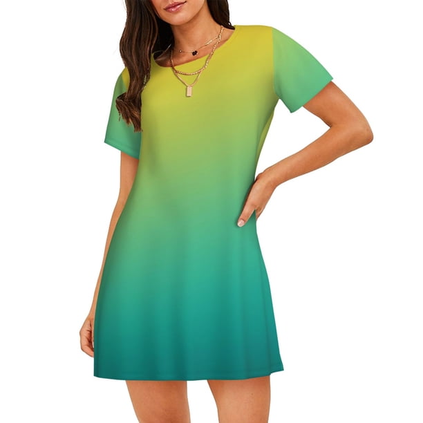 Fotbe Teal To Yellow Gradient Bata de Dormir para Mujer con Estampado, Camisón de Algodón de Manga Corta, Ropa de Dormir Casual