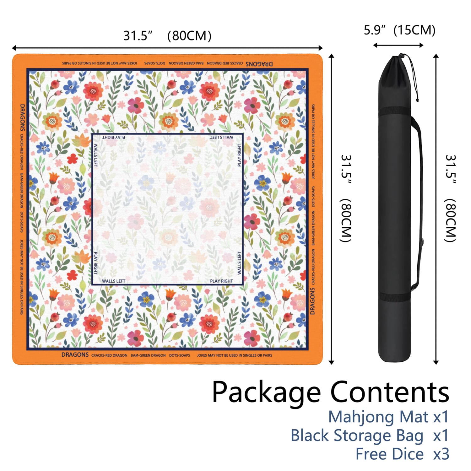 Floral Mahjong Mat with Rules, 31.5*31.5in Anti Slip American Mahjong Mat for Table, Noise Reduction, Neoprene Mah jongg Mats with Carrying Bag & 3 Dices, Mahjong Set Gift, Board Tile Games Mats
