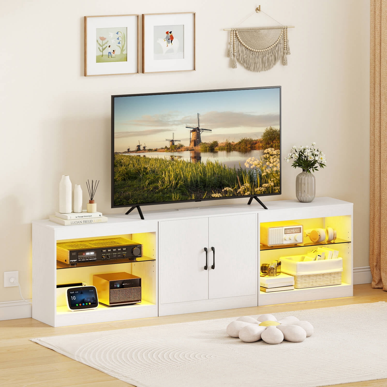 Costway TV Stand with Power Outlets Adjustable LED Lights Storage Cabinet for TVs up to 85” White