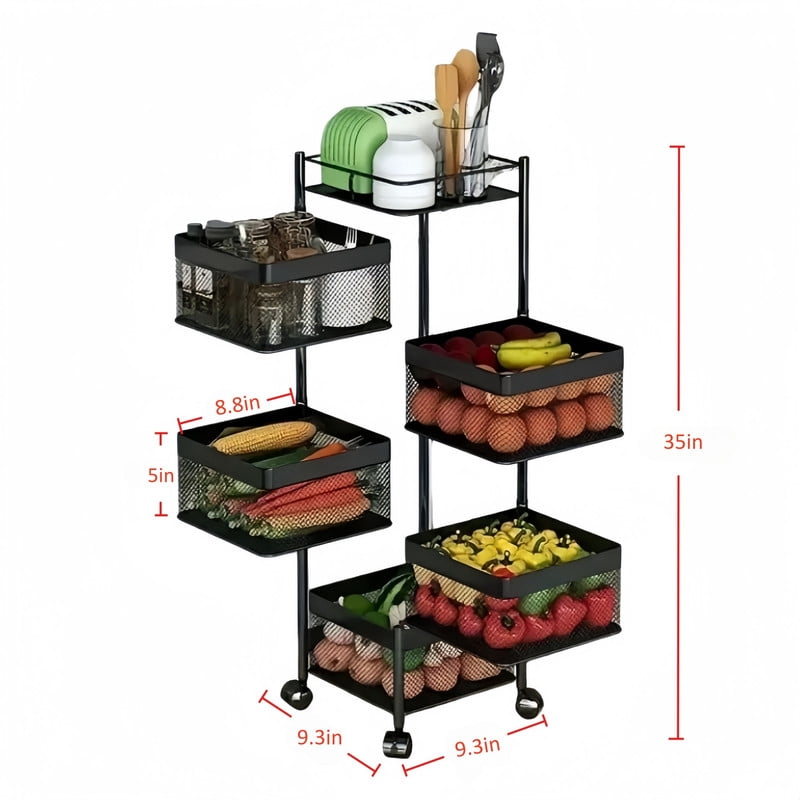 Howcool 5-Layer Metal Rolling Cart with Wheels, Kitchen Vegetable Storage Rack with Rotating Mesh Baskets
