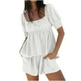 thumbnail image 1 of Linen Set for Women, Solid 2-Piece Summer Outfit with Square Neck Puff Sleeve Top and Matching Shorts, Elastic Waist, Side Pockets, Breathable Polyester Blend, 1 of 8