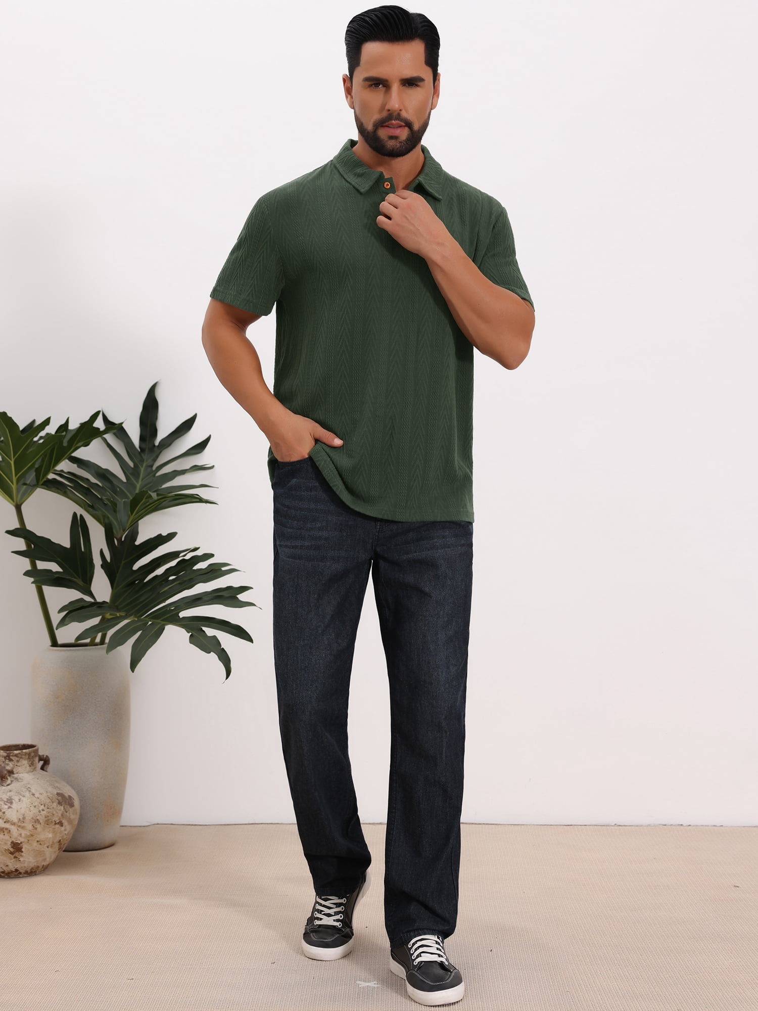 DARING DIVA Men's Jacquard Short Sleeve Button Down Collared Polo Shirts M Green