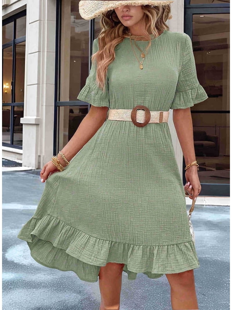 Women'S Short Sleeve Dresses High Waist Round Neck Solid Flounce Sleeve Ruffle Dress Bean Green M