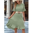 thumbnail image 5 of Deliqiba Women'S Short Sleeve Dresses High Waist Round Neck Solid Flounce Sleeve Ruffle Dress Bean Green S, 5 of 6