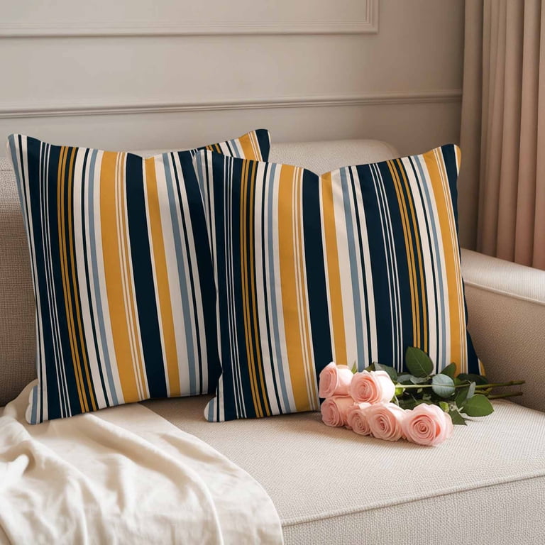 Vintage Stripes Outdoor Throw Pillow Covers Set of 2, Navy Yellow