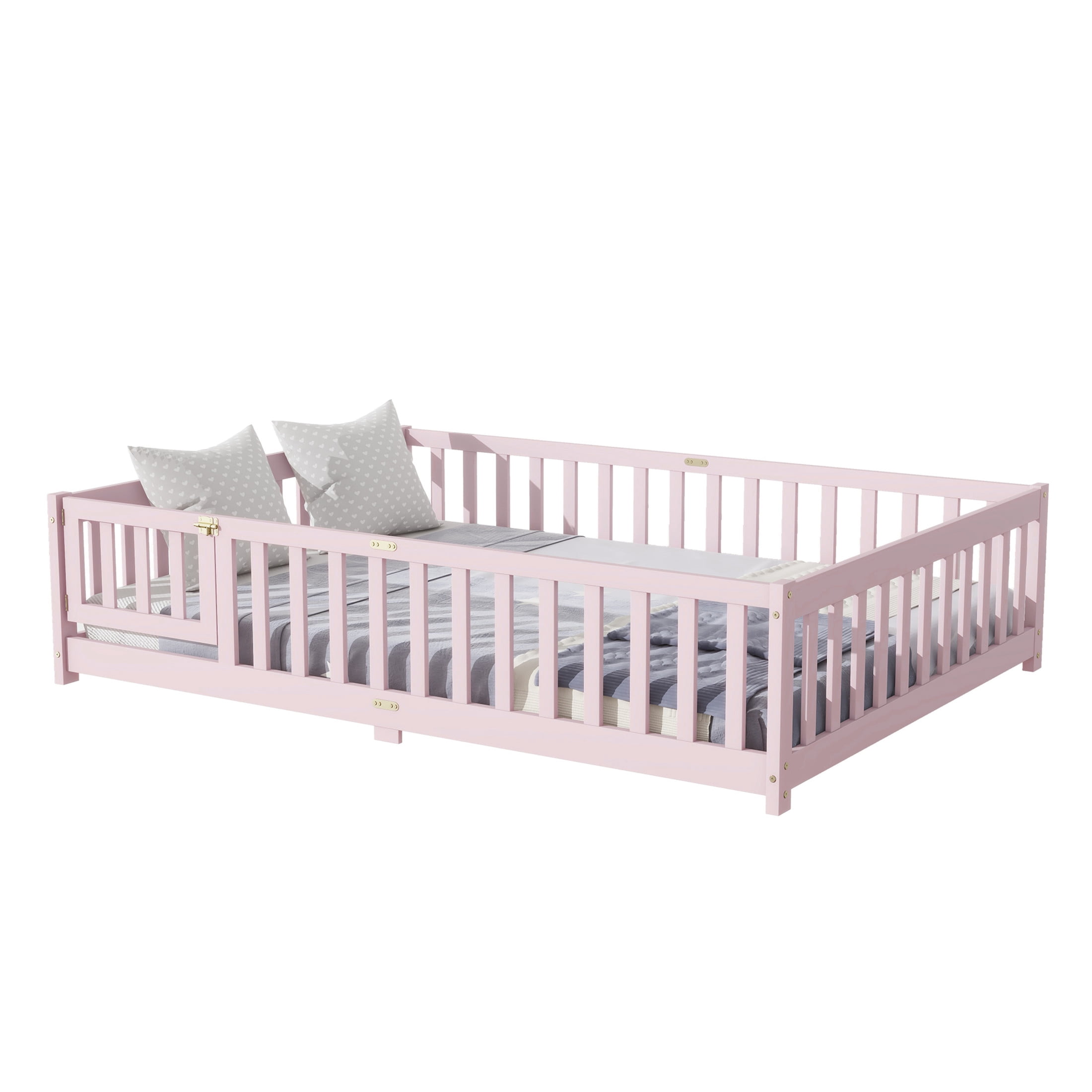 Noble House Full Floor Bed with Safety Guardrails and Door, Rubber Wood Montessori Bed, Kid's Room, Pink