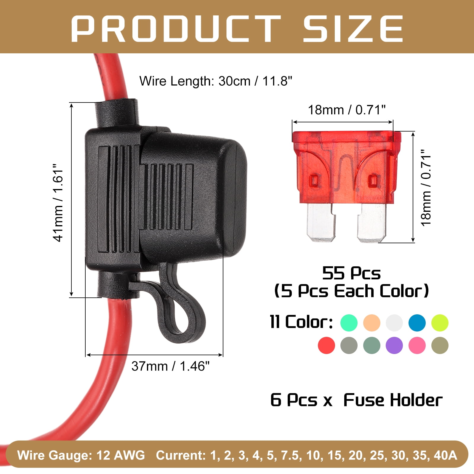 5 Pcs Inline Fuse Holder DC 32V 12 AWG Waterproof Blade Fuse Holder with 1-40A Fuse