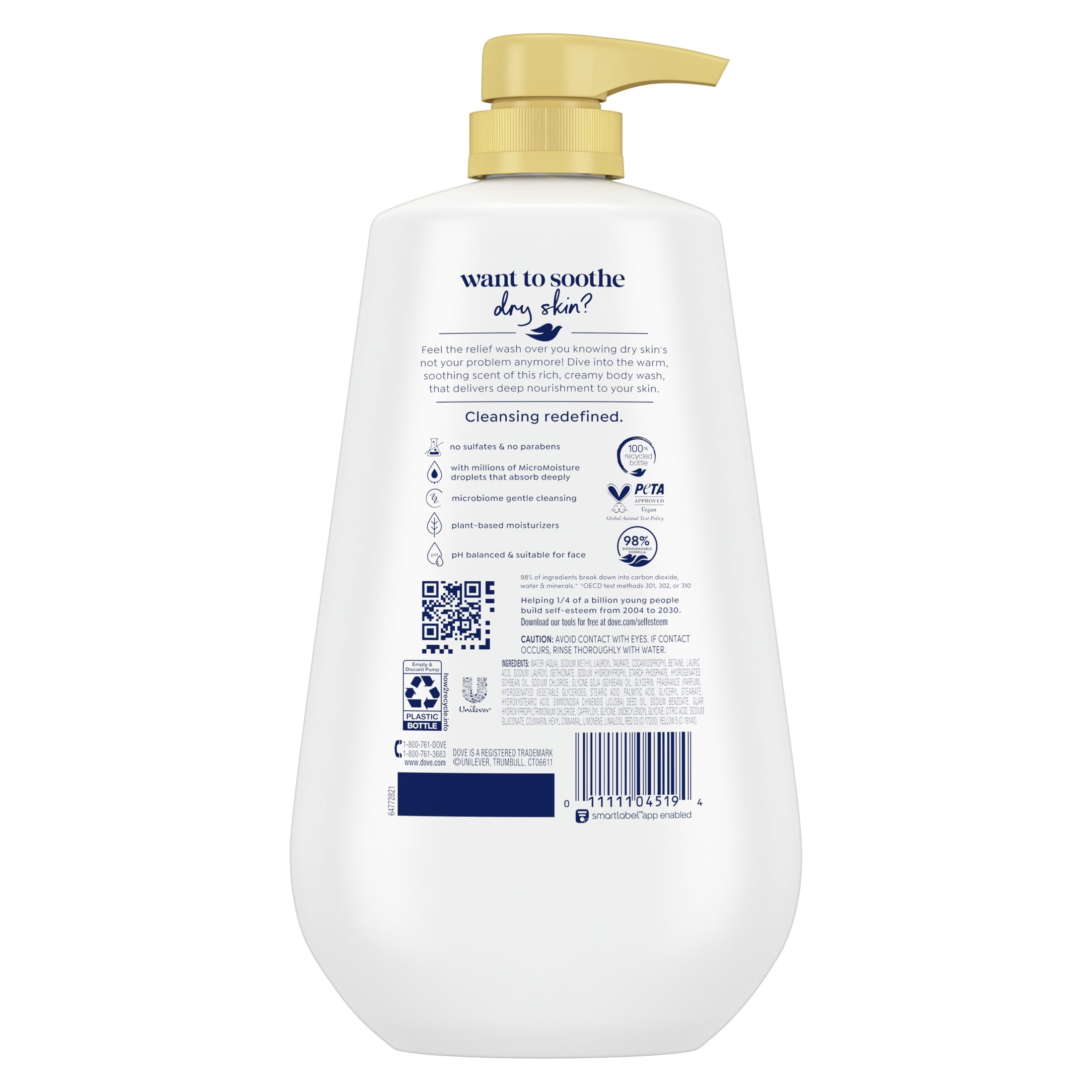 Dove Dryness Relief Long Lasting Gentle Women's Body Wash, Jojoba Oil All Skin, 30.6 fl oz