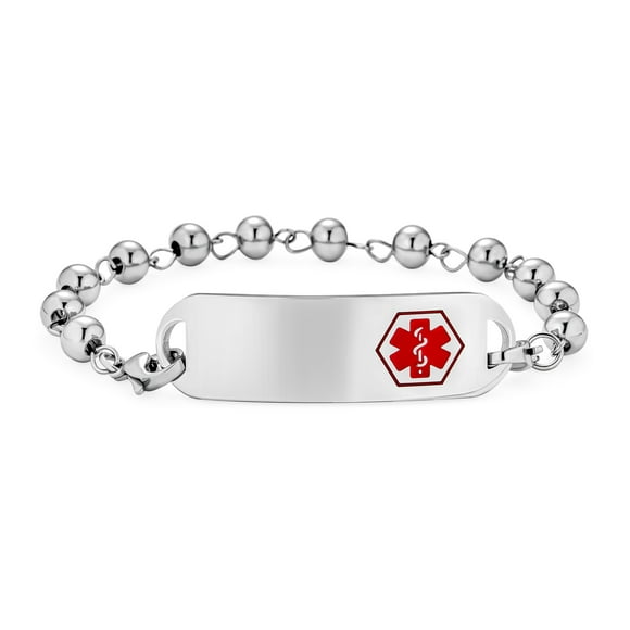 Identification Médical ID Bracelet Blanc Perle Chaîne de Liaison pour les Femmes en Acier Inoxydable Ton Argent 7,5 Pouces