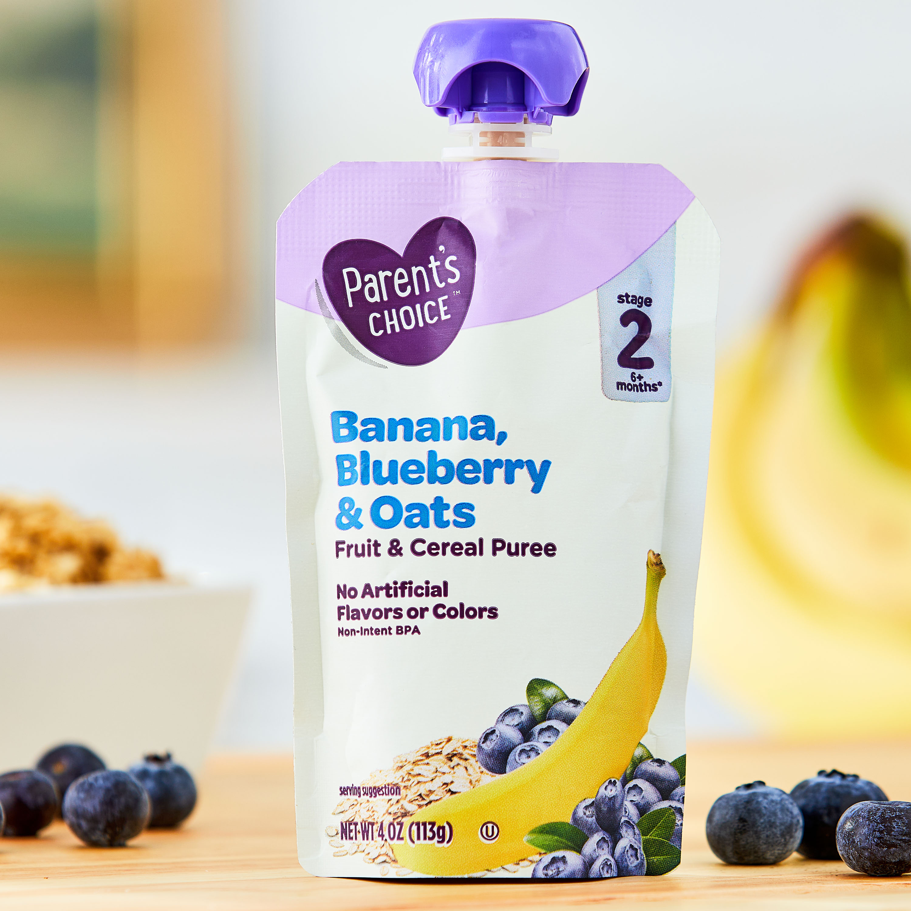(paquete de 6) Parent's Choice Etapa 2, Banana Arándano Avena, bolsa de 4 oz 3