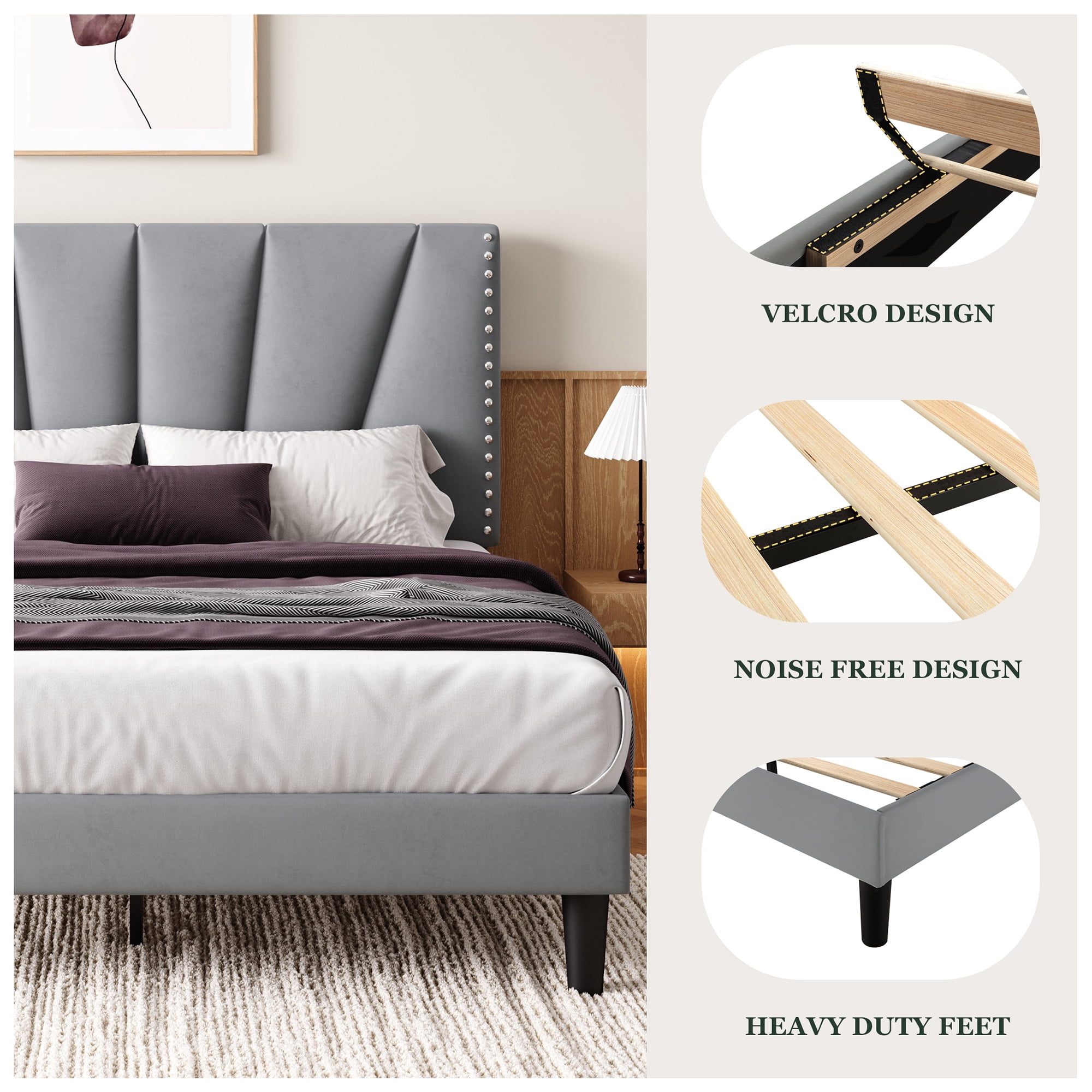 Einfach Queen Size Premium Velvet Upholstered Platform Bed Frame with Adjustable Headboard,Under-Bed Storage,Heavy-Duty Metal Support, Noise-Free Slats, Gray