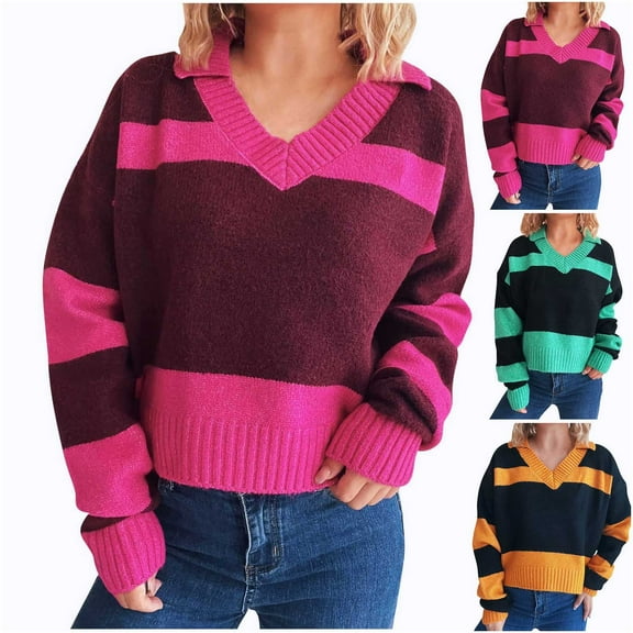 FRSASU Womens Fall Sweaters Casual Long Sleeve Knit Pullover Striped Contrast V Neck Lightweight Pullover Sweater Top Orange S(S)