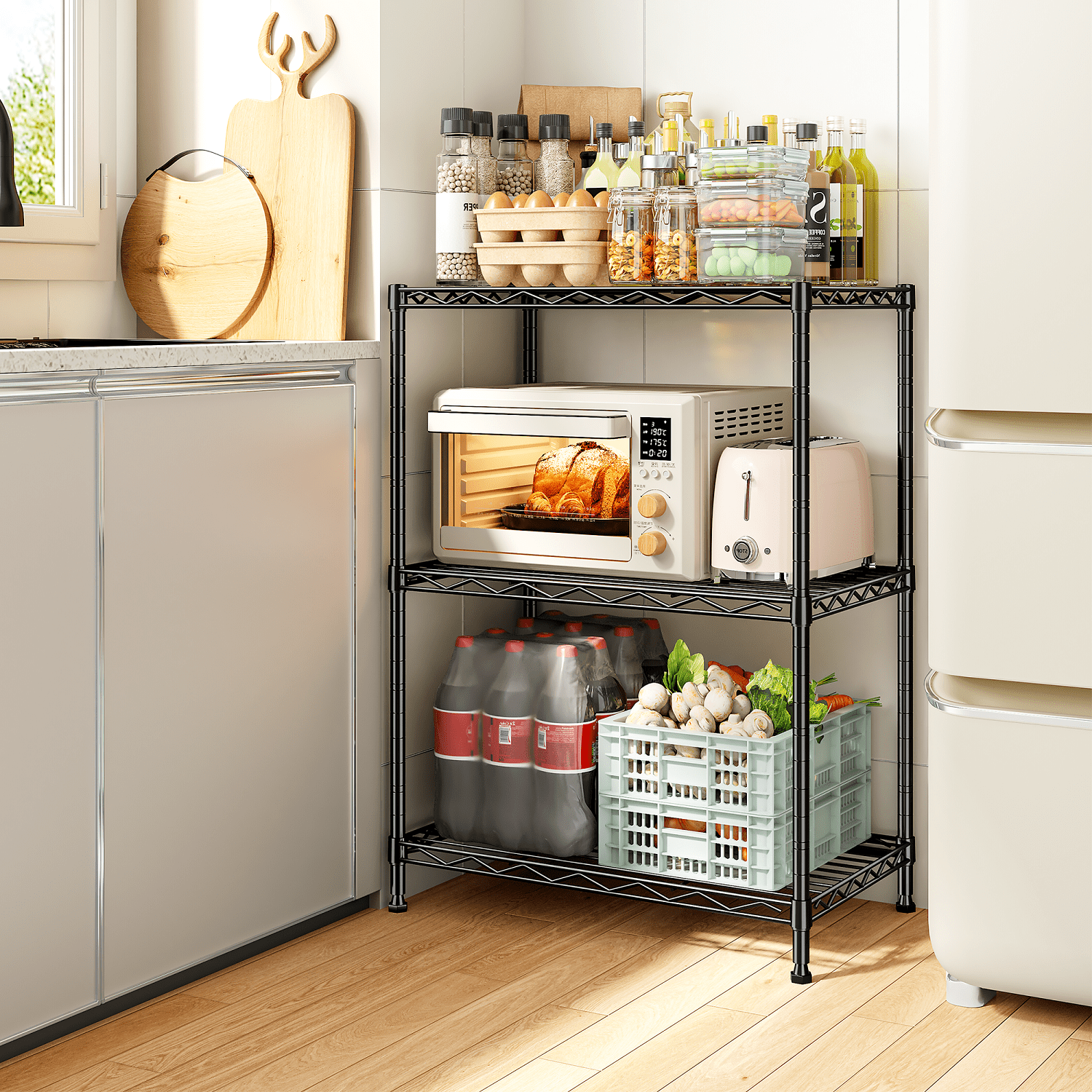 REIBII 3 Tier Metal Storage Shelves,Adjustable Small Wire Shelving Unit,Laundry Room Shelves,35" H x 18" W x 12" D Kitchen Pantry Organizers,Black