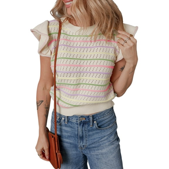 Women's Oatmeal Colorful Striped Eyelet Knit Ruffled Sleeve Sweater T-Shirt | [ZhiHiMeRi] | (US 12-14)L