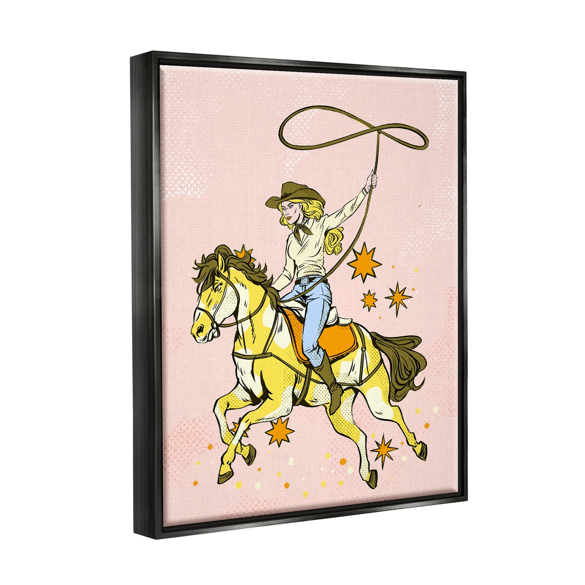 Stupell Industries Cowgirl with Lasso Animals & Insects Painting Black Floater Framed Canvas Art Print Wall Art, 17 x 21