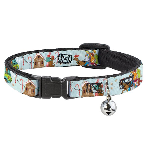 Scooby Doo Breakaway Cat Collar With Bell, Plastic Clip, Easy Adjustable, Scooby Doo Holiday Scenes and Icons Baby Blue, 8.5 to 12 Inches 0.5 Inch Wide