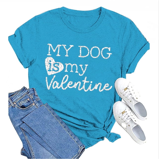 Tittly T-Shirts pour Femmes T-Shirts Graphiques Saint-Valentin Mon Chien Est Mon Saint-Valentin Imprimé Chandail en Molleton Décontracté Imprimé Col Rond T-Shirt Chandail pour Femmes T-Shirts Hauts pour Femmes Bleu Ciel 3TG