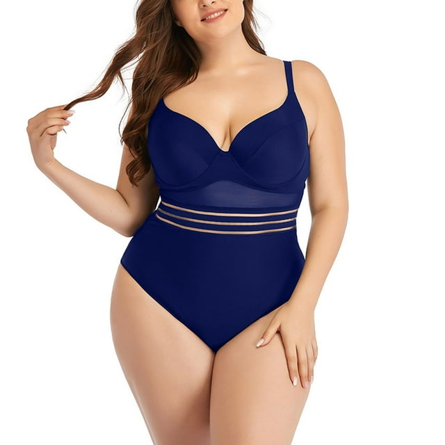 Daznico Women's Plus Size High-Waisted Stripe Mesh Tankini Swimsuit, One-Piece Bathing Suit,Size L