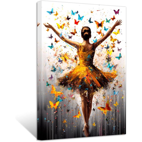ZHONGYUTONG Ballet Girl Canvas Wall Art Black Woman with Butterfly Painting Prints Abstract Colorful Elegant Artwork for Girls Bedroom Framed (12.00" x 18.00")