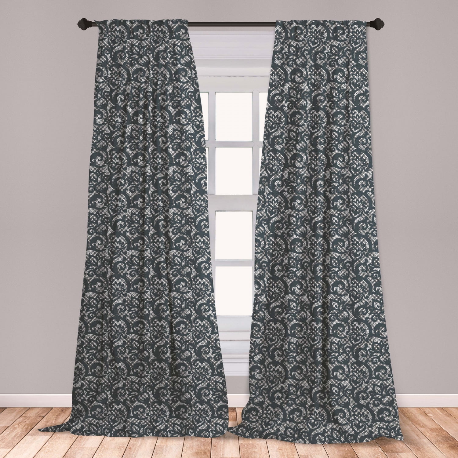 Teal Curtains 2 Panels Set, Lace Style Abstract Floral Ornament with