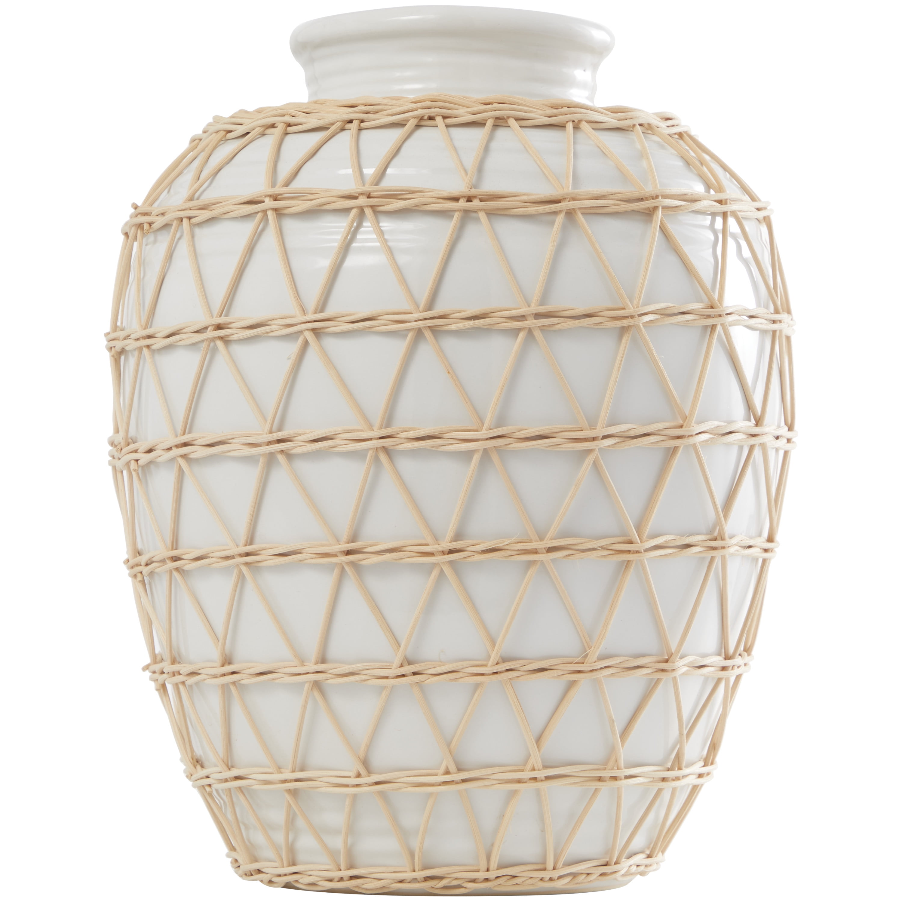 DecMode 14" Handmade White Ceramic Vase with Woven Rattan Exterior