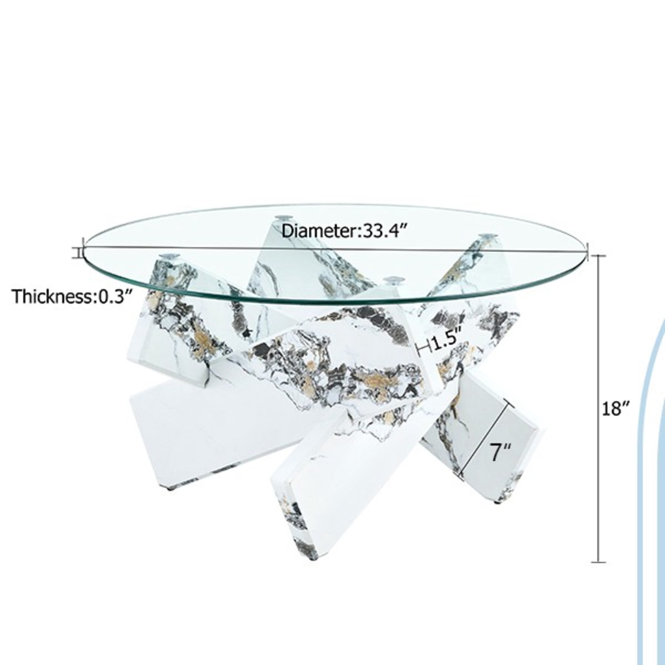 Noble House 33.4" Modern Round Glass Coffee Table, Tempered Top, Marble Patterned MDF Legs, Clear & White