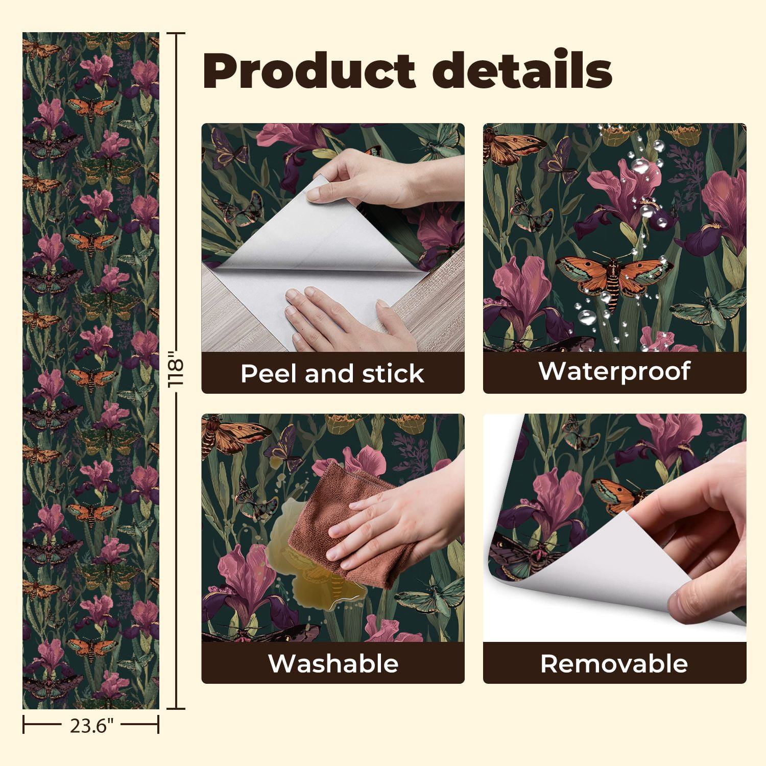 Peel and Stick Wallpaper Moths Butterflies Iris Flowers Dark Botanical Seamless Wall Mural 23.6in x 9.8ft Self Adhesive Removable Wall Paper Renter Friendly Wallpaper for Bedroom Nursery Living Room