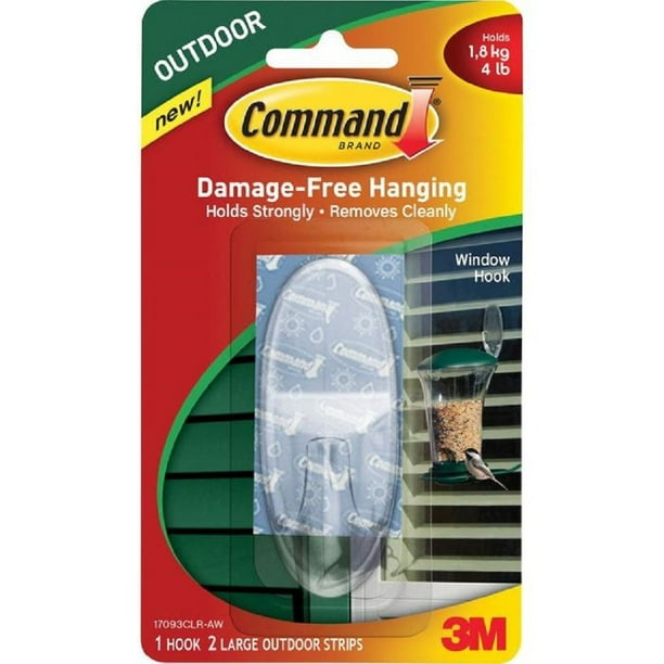 Command Large Clear Outdoor Window Hook, 3 Piece (1 Hook, 2 Strips