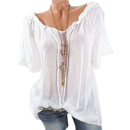 Semitransparent Off Shoulder Casual Tops for Women Daily Wear S-5XL Plus Size T-Shirt Lace Crochet Short Sleeve Blouses Pullover Jumper