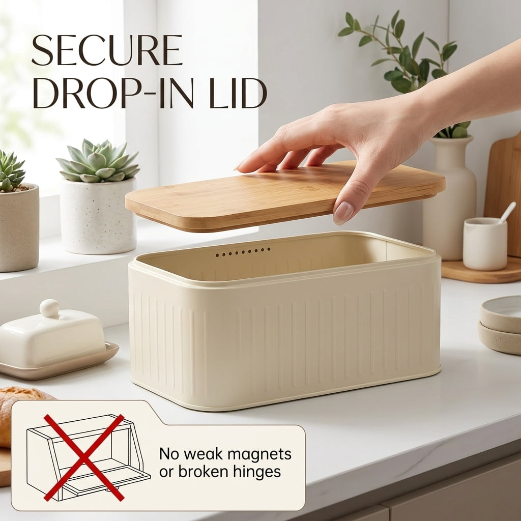 Metal Bread Box for Kitchen Countertop, Bread Storage Container with Bamboo Cutting Board Lid for Homemade Bread, 12" x 7.2"