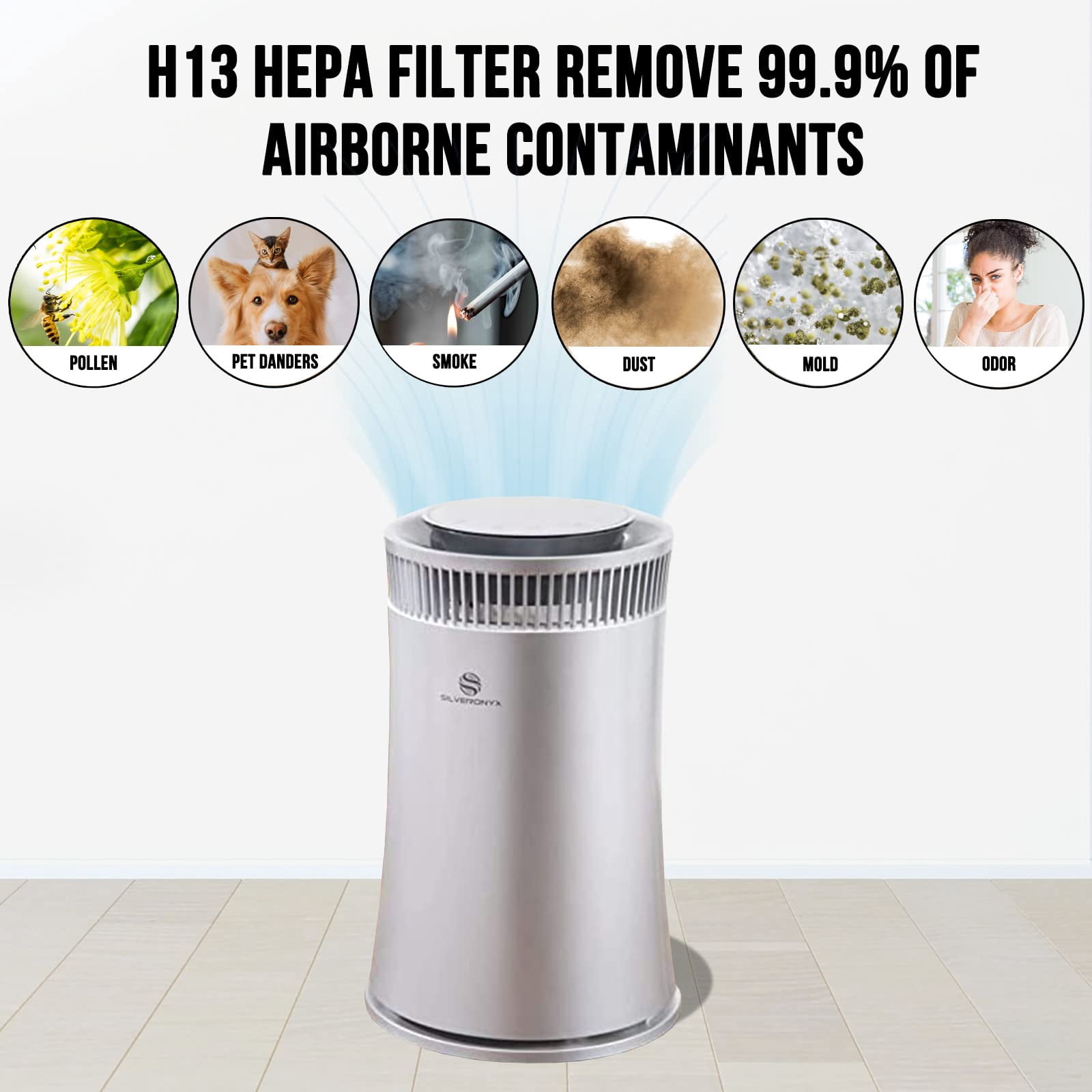 Air Purifier for Home Large Room – 5-in-1 HEPA Filter System, Covers Up to 500 Sq Ft for New Home for Allergies, Pets, Smoke, Remove Dust, Odor, Quiet, High Filtration Efficiency – SILVERONYX, Silver