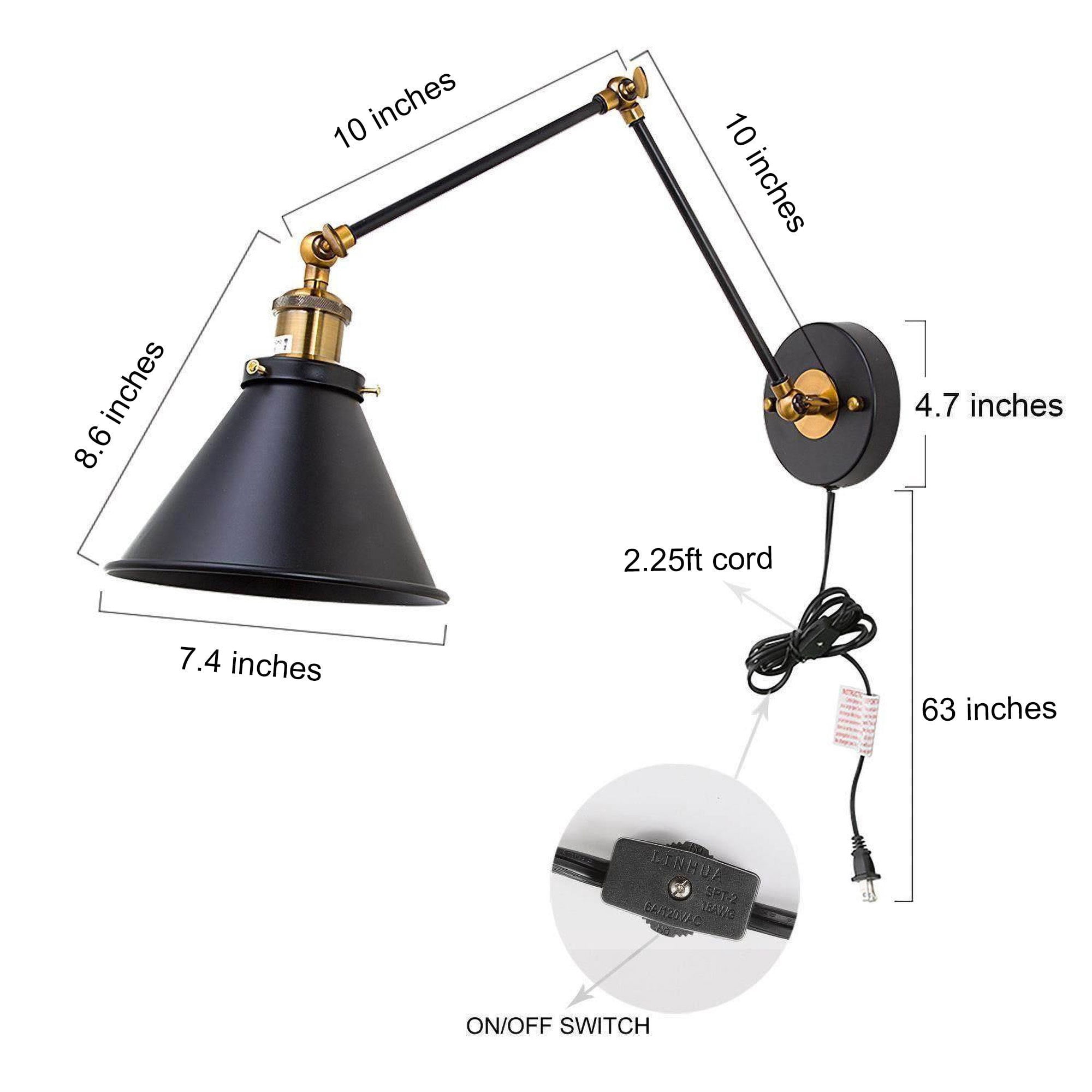 LNC Set of 2 Black Swing Arm Wall Lamps, Plug-In or Hardwired Adjustable Light Fixtures